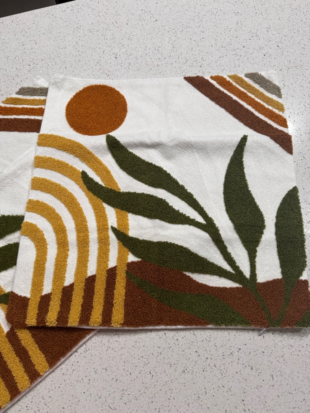 Boho White Pillow Covers With Green Leafs and Mustard accents Set of 2